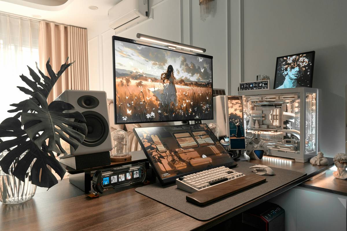 Close-up of sleek smart shelf edge showing hidden touch controls and seamless cable management